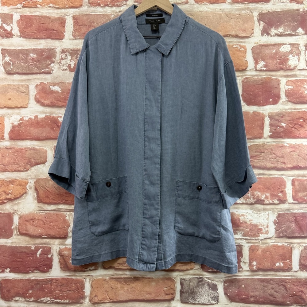 Tahari Top Women's Large Blue 100% Linen Coastal Pocketed Casual Tunic Shirt